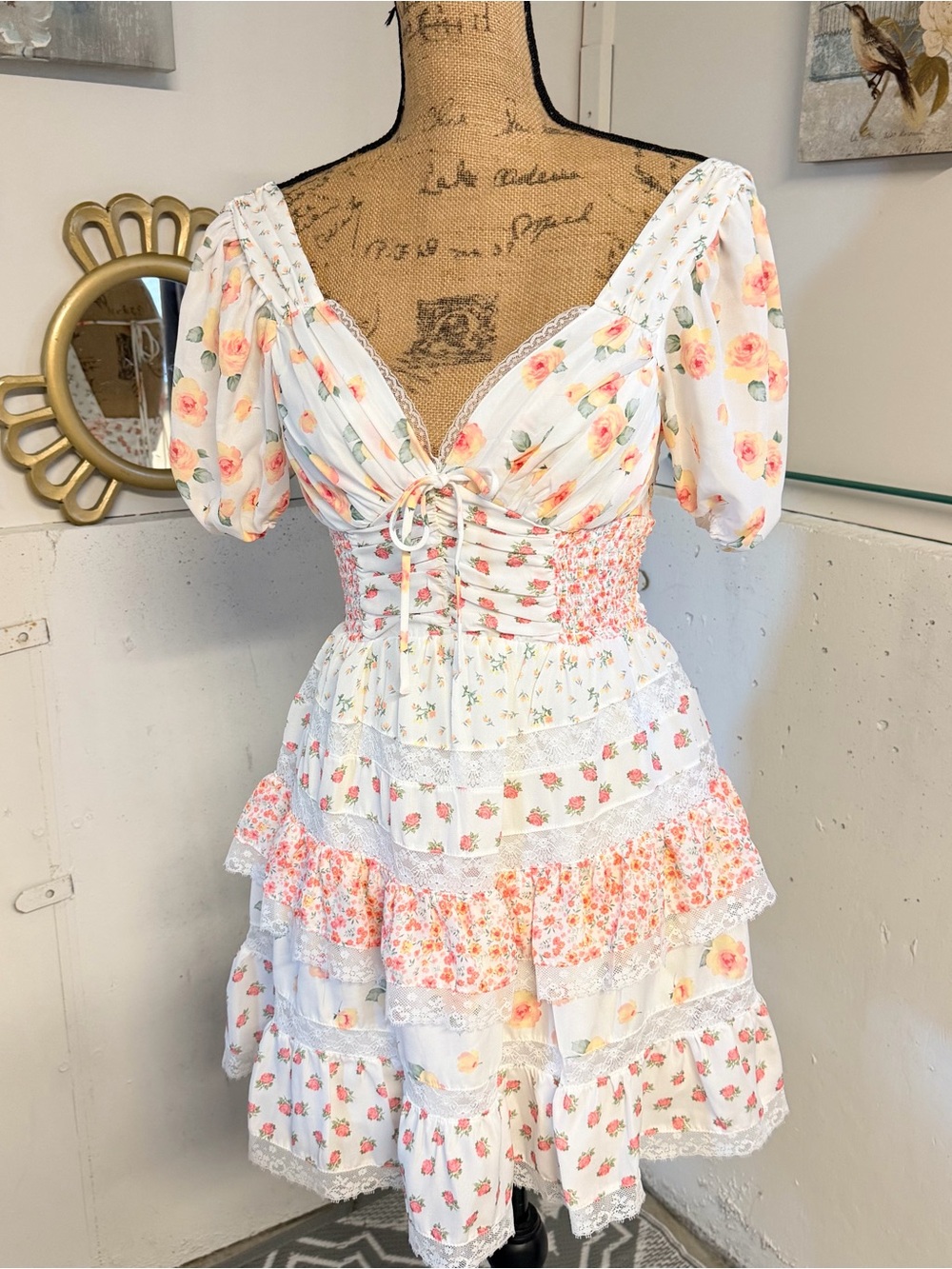 Altar'd State White Mini Dress with Pink and Peach Floral Print
